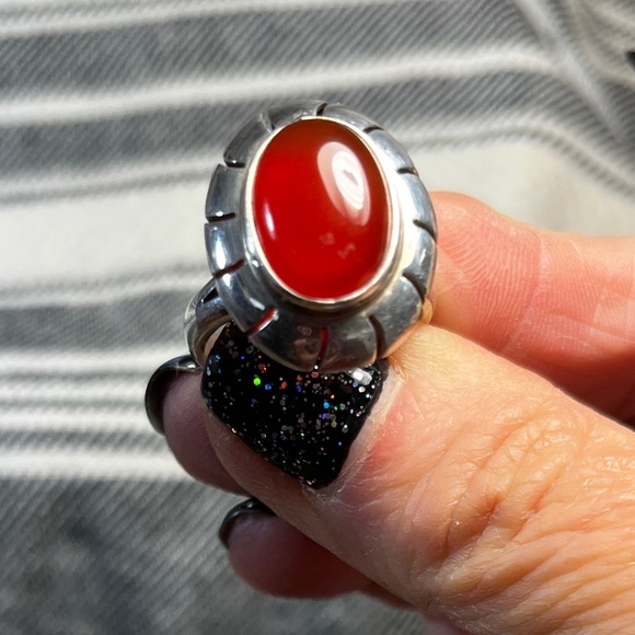 Vintage Sterling Carnelian Amber Stone Ring - Picture 2 of 12